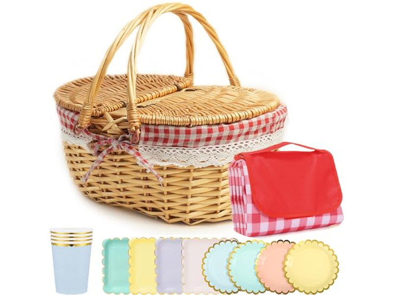 Large Empty Picnic Basket Wicker Strap Leather Six Person Good Gain Willow Oval