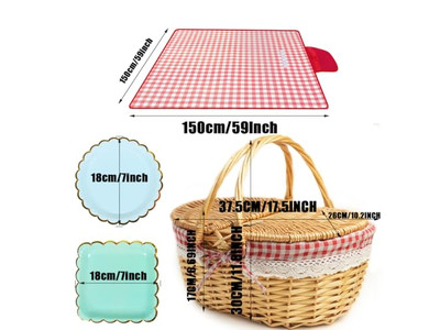 Large Empty Picnic Basket Wicker Strap Leather Six Person Good Gain Willow Oval