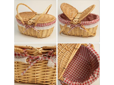 Large Empty Picnic Basket Wicker Strap Leather Six Person Good Gain Willow Oval