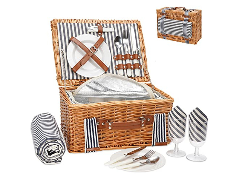 Picnic Basket And Accessories Rolling Wicker Foldable 4 Person Hamper Set