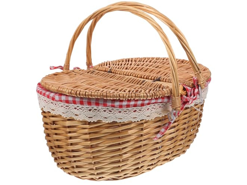 Weaving Garden Picnic Basket Wicker With Handle Hamper For 2 Food Wood Top
