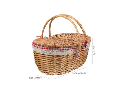 Weaving Garden Picnic Basket Wicker With Handle Hamper For 2 Food Wood Top