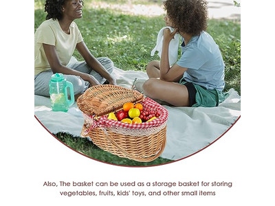 Weaving Garden Picnic Basket Wicker With Handle Hamper For 2 Food Wood Top