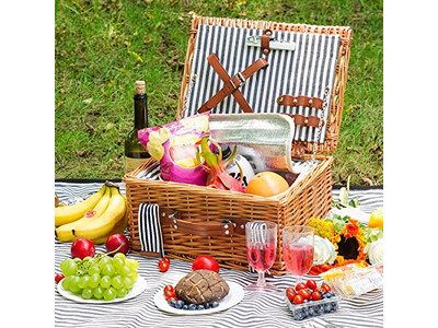 Picnic Basket And Accessories Rolling Wicker Foldable 4 Person Hamper Set