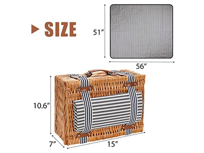 Picnic Basket And Accessories Rolling Wicker Foldable 4 Person Hamper Set