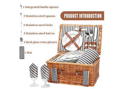 Picnic Basket And Accessories Rolling Wicker Foldable 4 Person Hamper Set